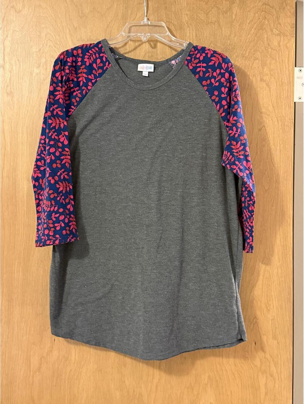 NWOT LuLaRoe Randy Baseball Raglan Tee Charcoal Gray Pink Leaf Print Sleeves 2XL